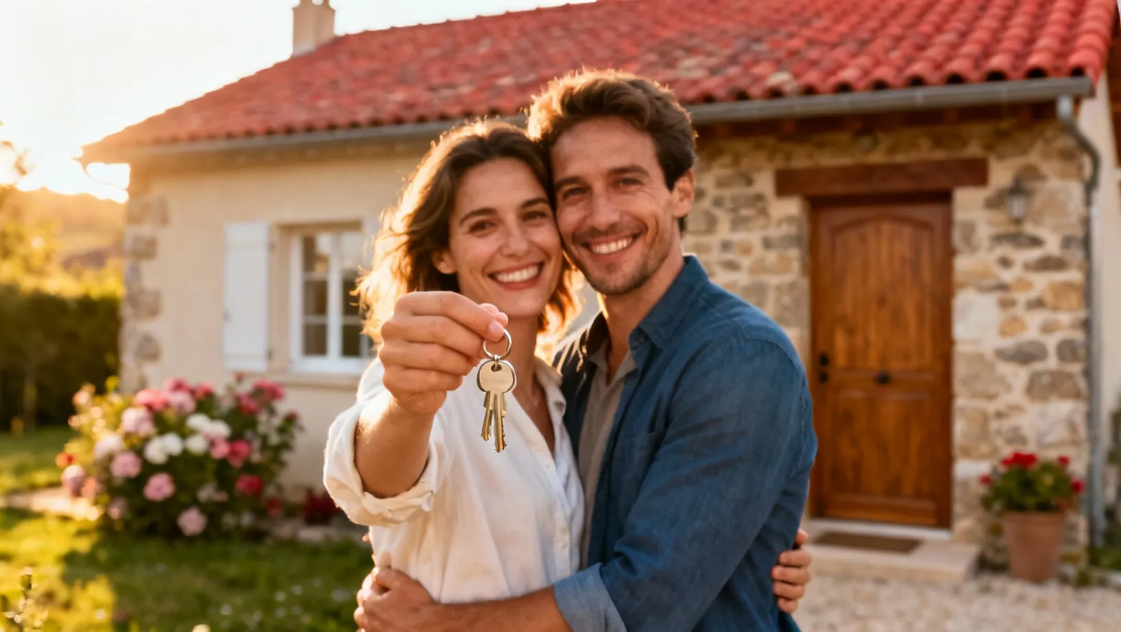 Couple heureux devant leur nouvelle maison à Moyat