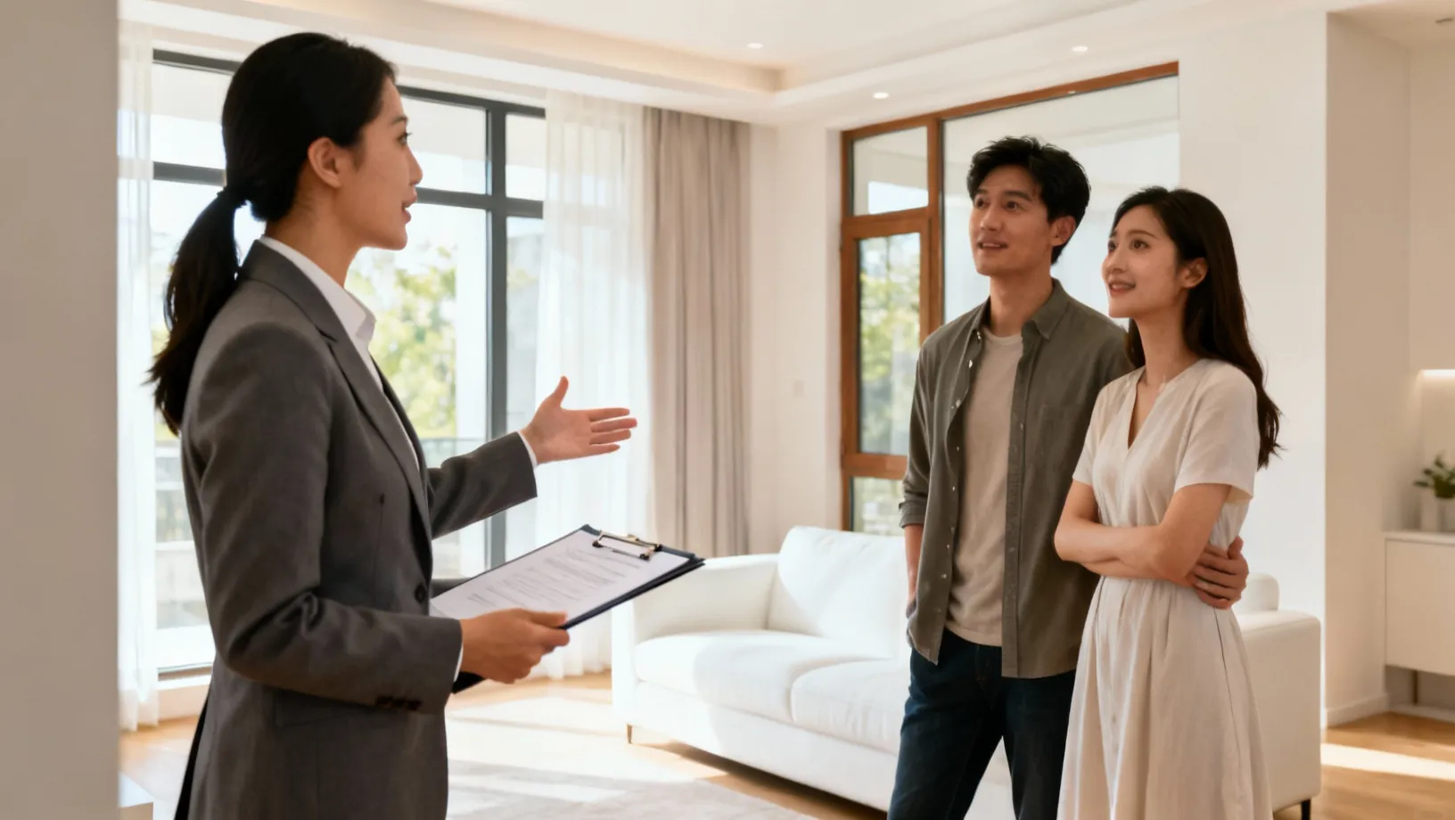 Agent immobilier montrant un appartement à Moyat